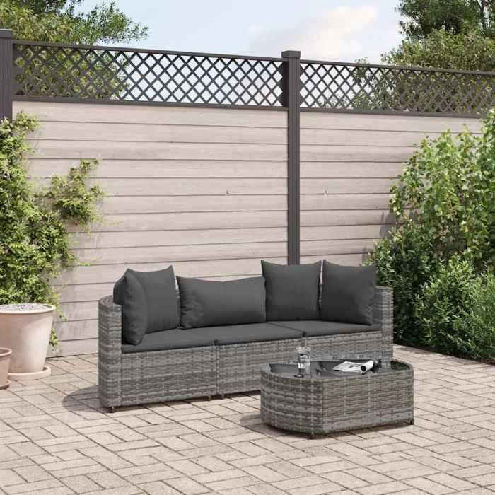 VidaXL Salon de jardin 4 pcs avec coussins gris résine tressée, ensemble de canapés d'extérieur, canapé d'angle de jardin, 3308362