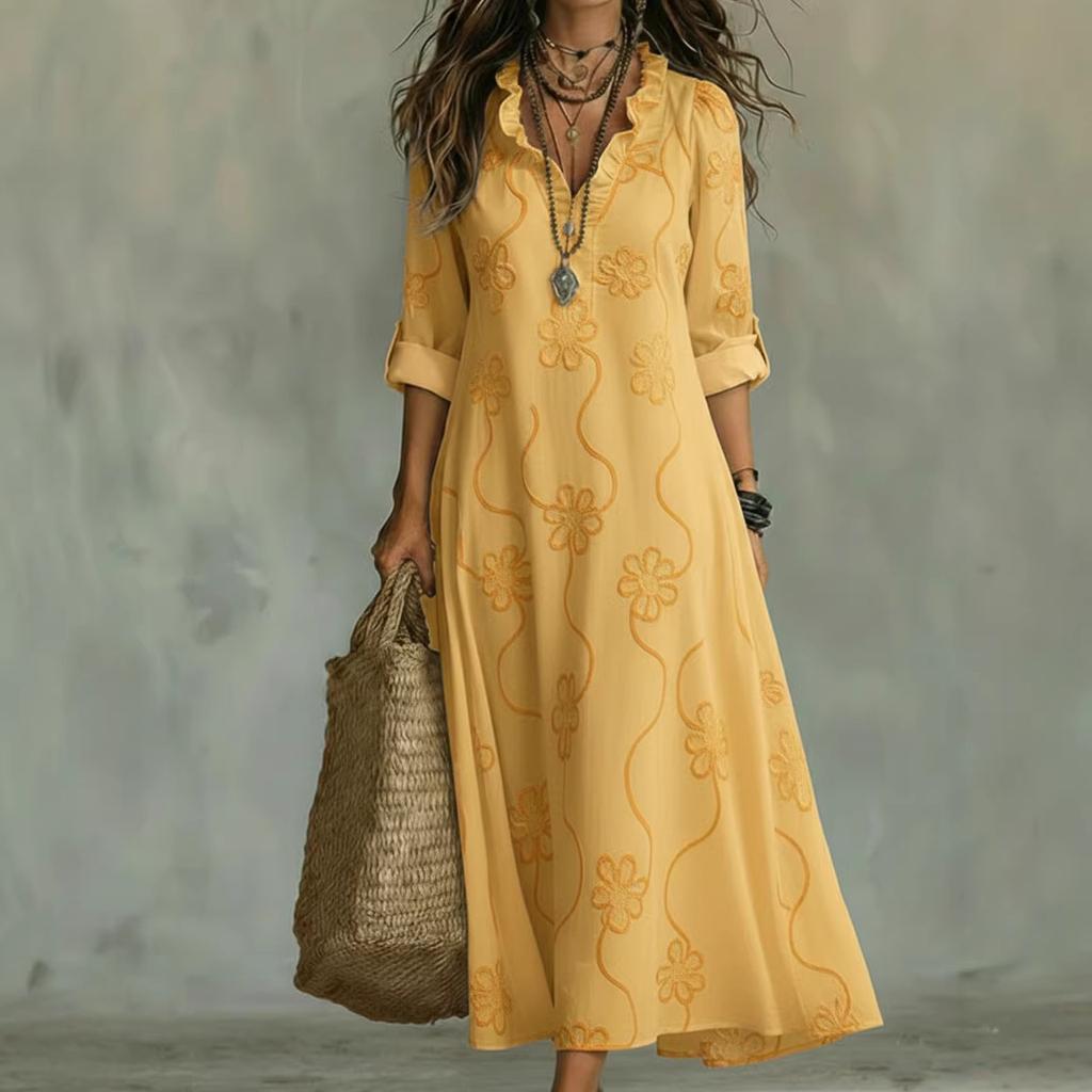 Women Floral Print V Neck Ruffle Sleeve Maxi Dress Bohemian Loose Fit Summer Dress