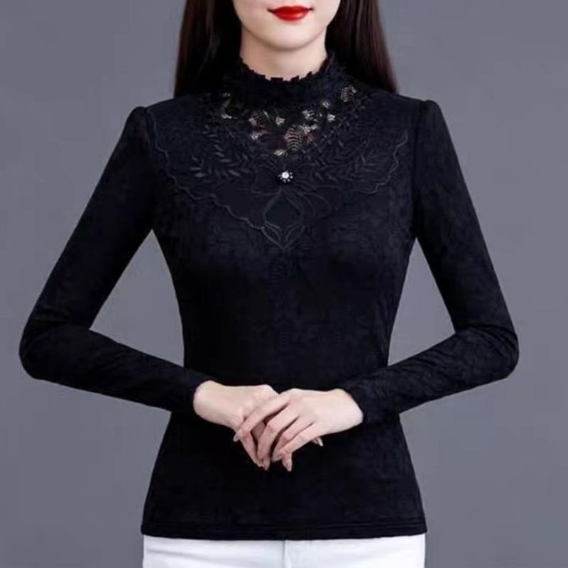 Nowa Wiosenna i Jesienna Moda Temperament Seksowna Koronkowa Ażurowa Koralikowa Stójka Slim Fit Długi Rękaw Damska Koszulka Podkładowa
