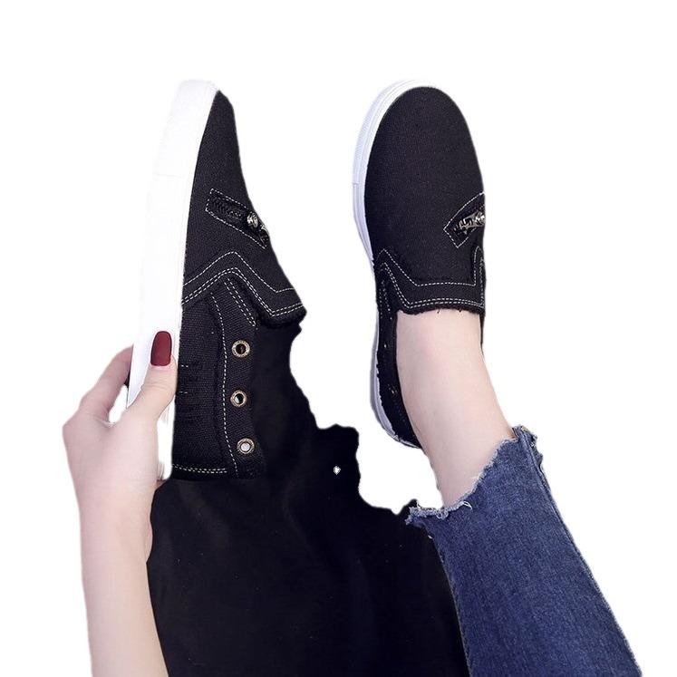 Special for large size single shoes, women's canvas loafers, denim zippers, one pedal, flat lazy shoes, casual board shoes.