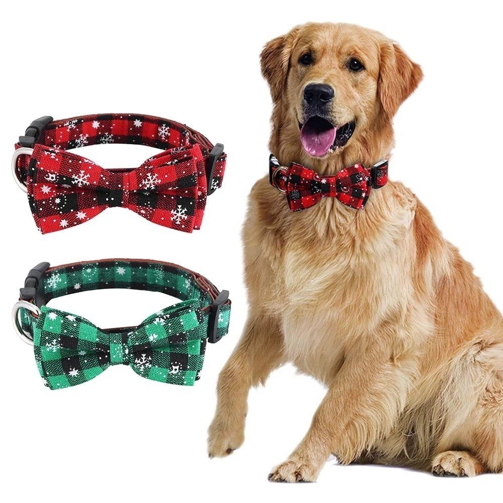 2Pcs/Set Adjustable Christmas Dog Collar Red Green Plaid Cat Bow Collar Cute Pet Necktie  Dress-up