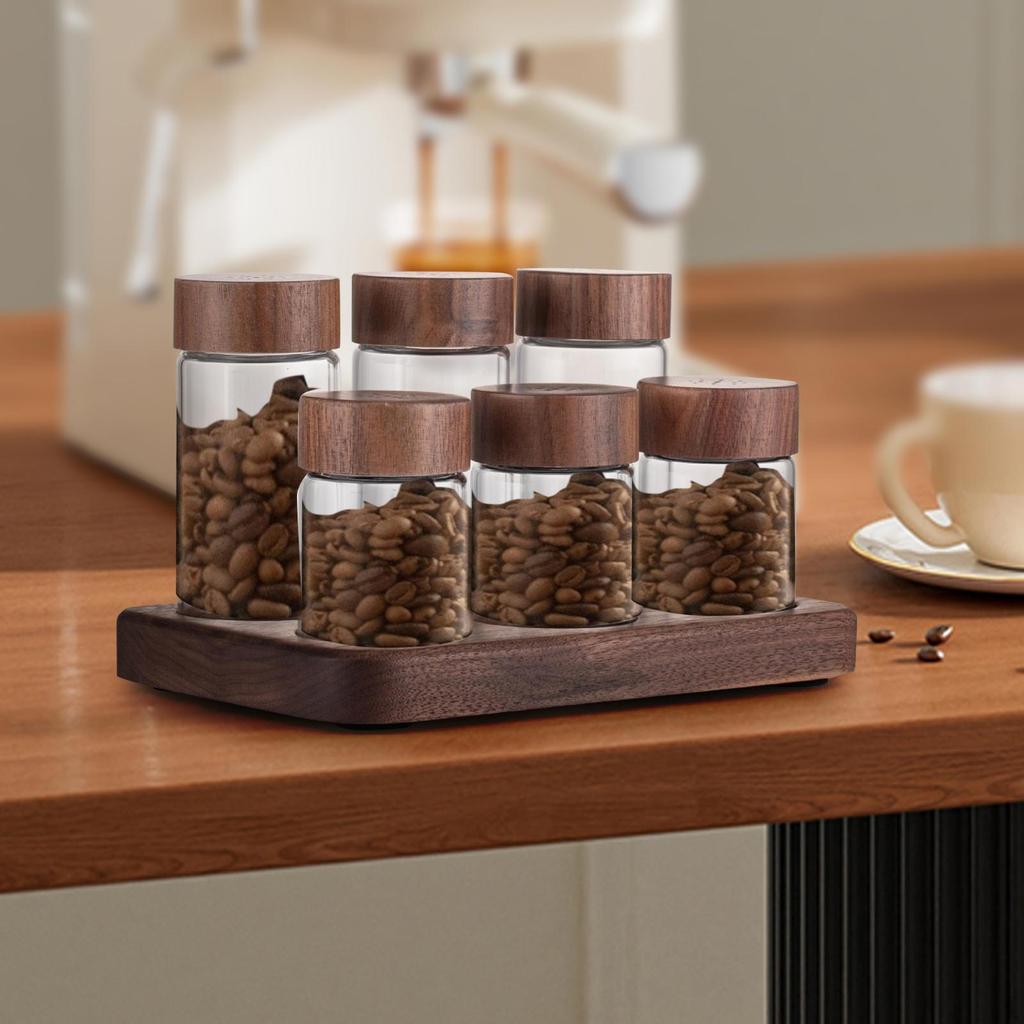 Coffee Bean Storage Set, Tubes, Tea Display Stand, Single Dose with Wooden Holder Glass