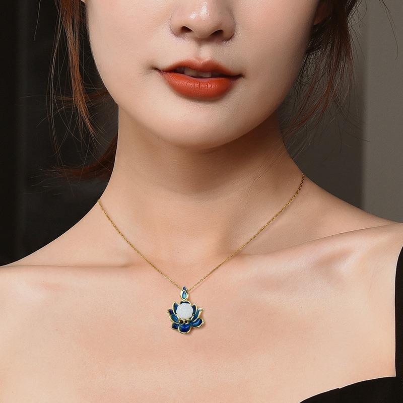 Meier Cloisonné lotus pendant, lotus necklace, enamel jade pendant, retro titanium steel clavicle chain