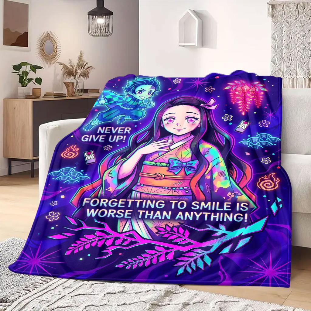 Demon Slayer Superb Cartoon Flannel Blanket, Printed Style for Bedroom, Warm and Soft Bedding, Travel Picnic Use_LIAN