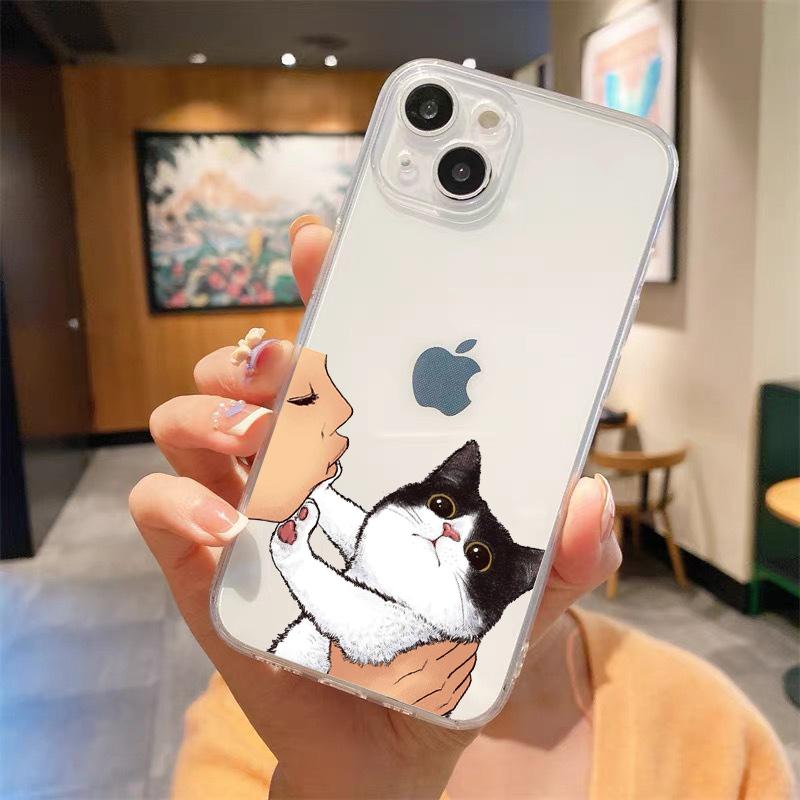 Kiss Cat Cute Kitten Cartoon Luxury Transparent Phone Case For iPhone 15 14 13 12 mini 11 Pro Max XS X XR SE 7 8 Plus Cover
