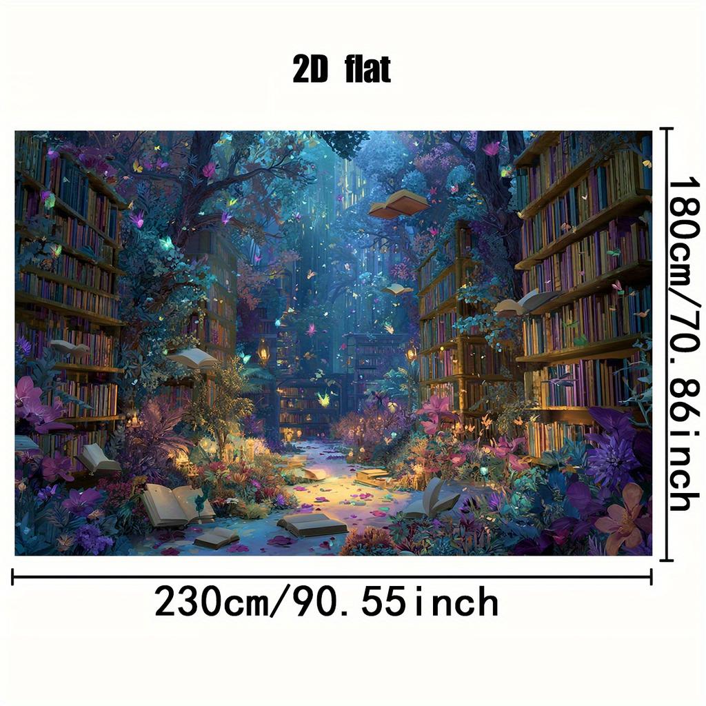 2D Plane, 1 Piece of Magic Library Background Banner - Charming Forest Library Scene with Bookshelves and Glowing Books