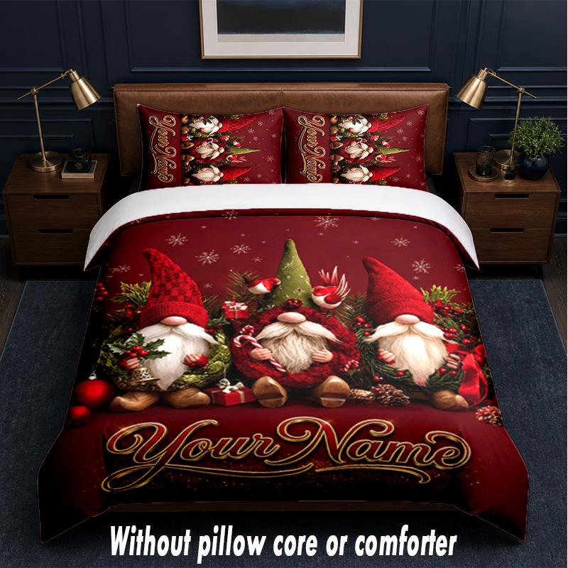 Gnome Theme Custom Text Or Name 3Pcs Bedding Set,1 Flat Sheet & 2 Pillowcases Personalized Home Bedding