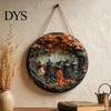 Outdoor Patio Decor Plaque Halloween Round Wooden Hanging Door Sign with 5 Witches, Decorative Boho Style Home Accent Wall for Front Porch Yard