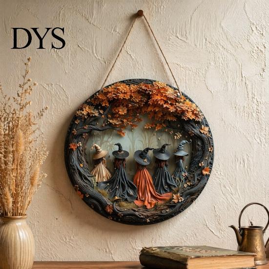 Outdoor Patio Decor Plaque Halloween Round Wooden Hanging Door Sign with 5 Witches, Decorative Boho Style Home Accent Wall for Front Porch Yard