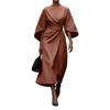 Women Dress Slim Waist Solid Color Dolman Sleeves Midi Dress Calf Length Evening
