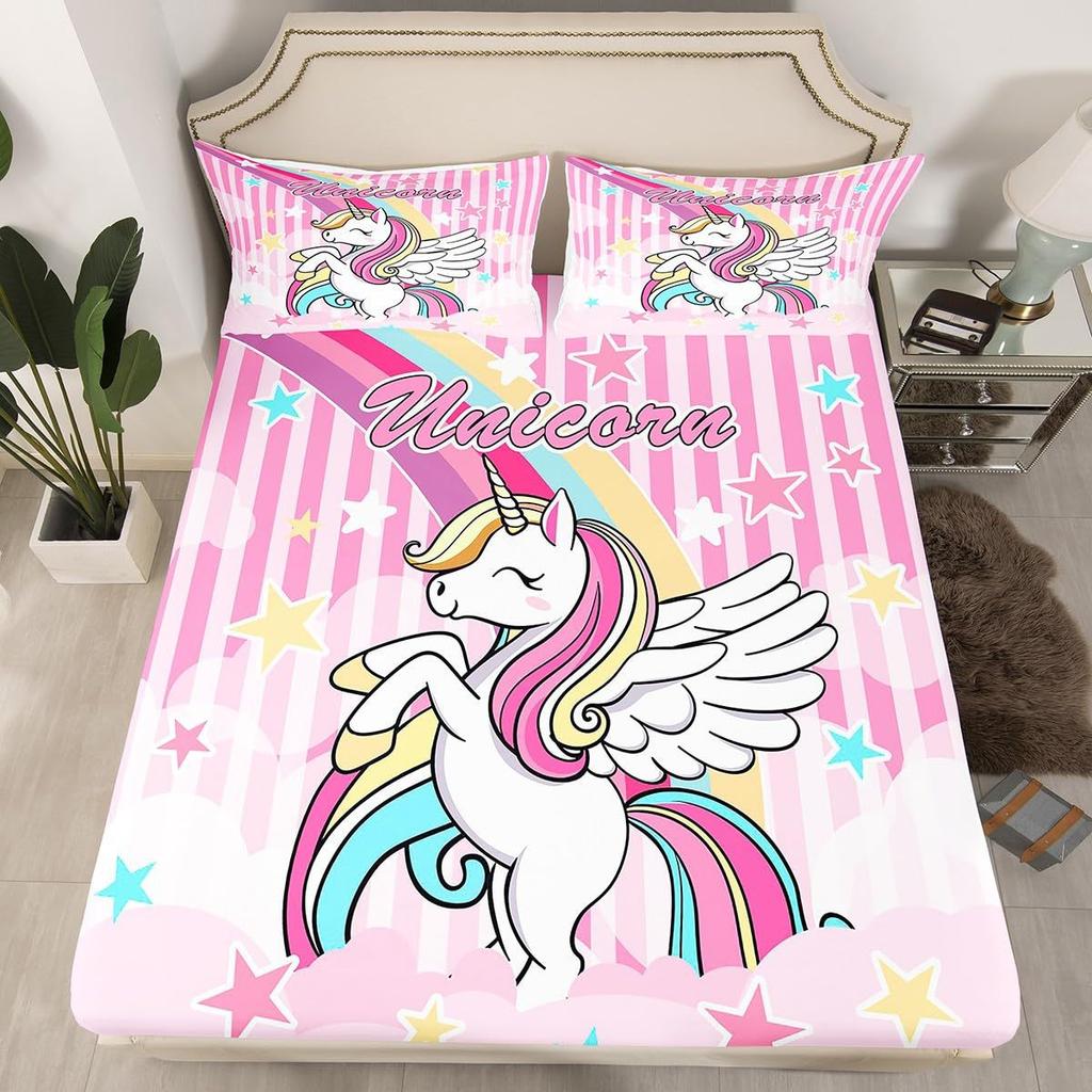 Cartoon Unicorn Pattern Mattress Three-Piece Digital Printing Mattress Bedding Set Adult Children