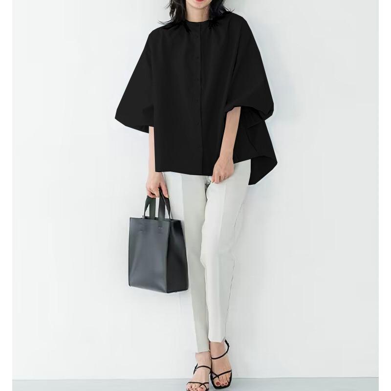 Summer Simple Loose Slim Half High Neck Three-quarter Sleeve Solid Color Pullover Chiffon Shirt Shirt Top for Women