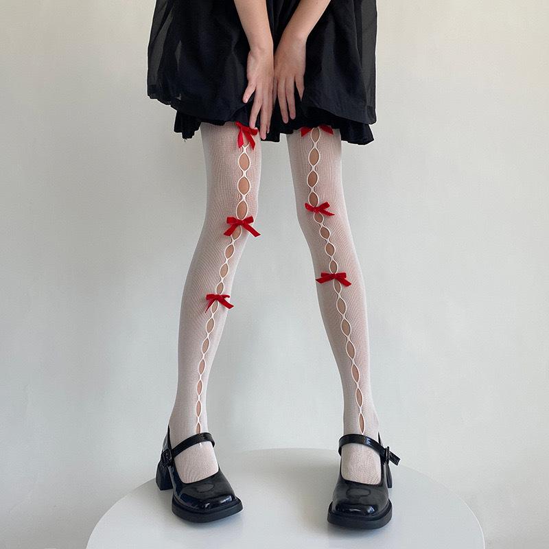 White Fishnet Bowknot Stockings: Women's Thin Spring/Autumn JK Style, Milk White, Sexy Black Silk, Anti-Snag Pantyhose