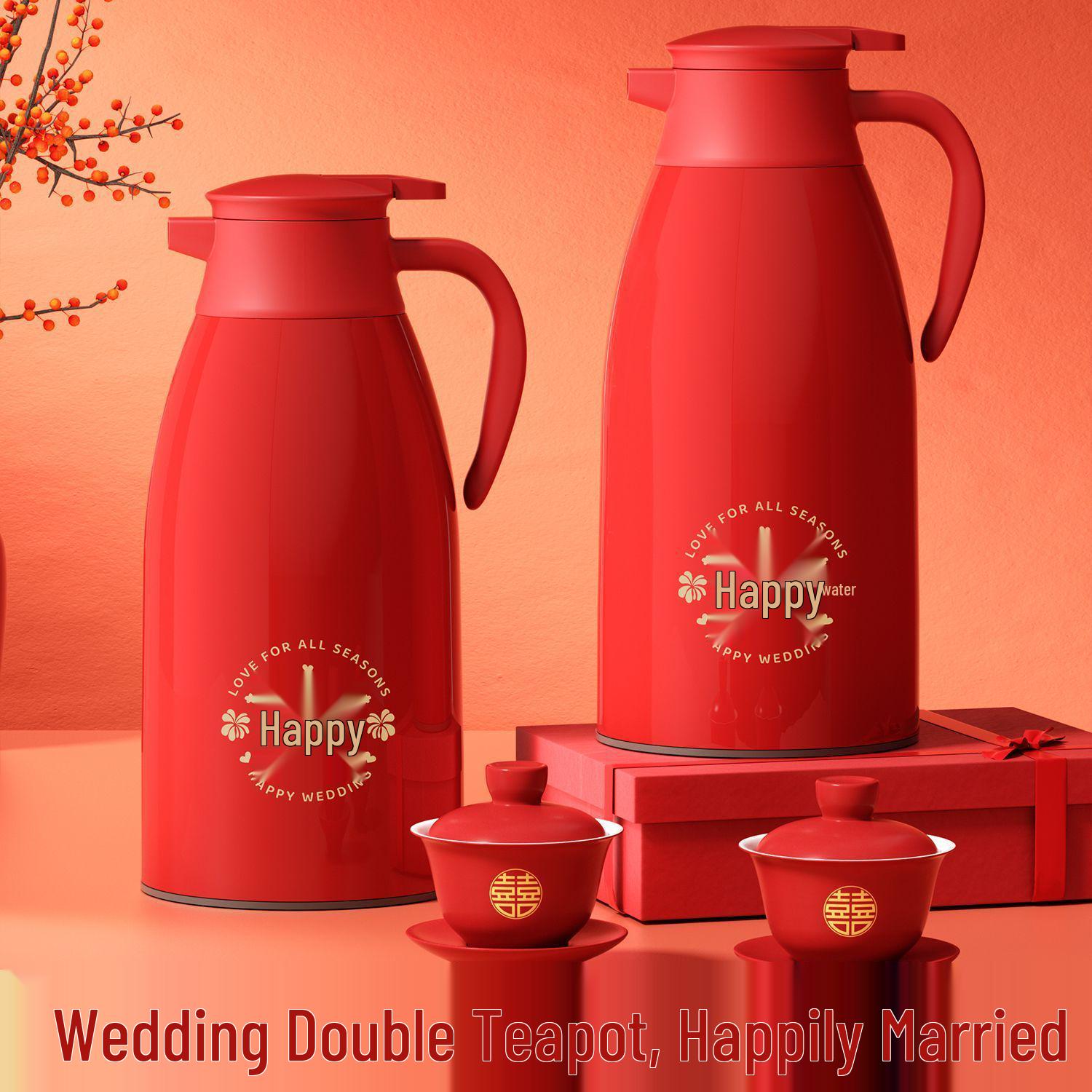 Exquisite Red Wedding Thermos Set: Large Capacity Hot Water Bottle with Glass Liner in Gift Box 1900ml