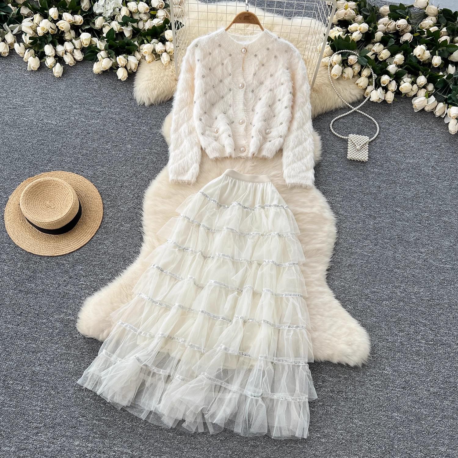 

Элегантный комплект из 2 предметов на осень-зиму, роскошные кардиганы с пуговицами, жемчужинами, ромбами и мехом, трикотажный свитер, пальто + длинная юбка из пайеток и сетки M белый