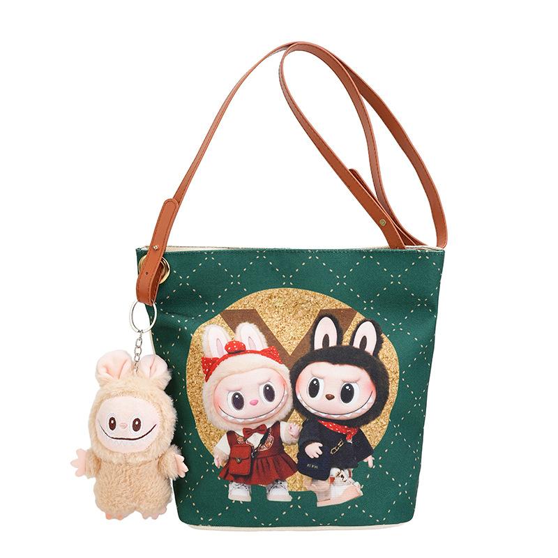 Korean Cartoon Labubu Crossbody Canvas Women's Bag Large Capacity Student Commuting To Class Embroidered Shoulder Bag Bucket Bag