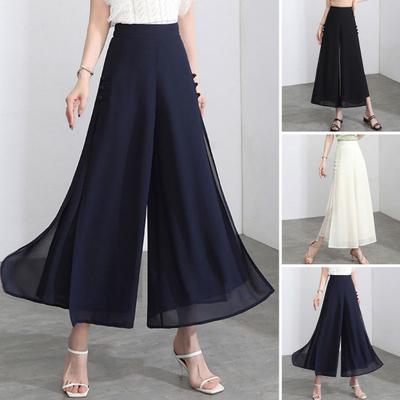 Women Chiffon Pants Elastic High Waist Wide Leg Solid Color Casual Trousers Loose Fit Side Split