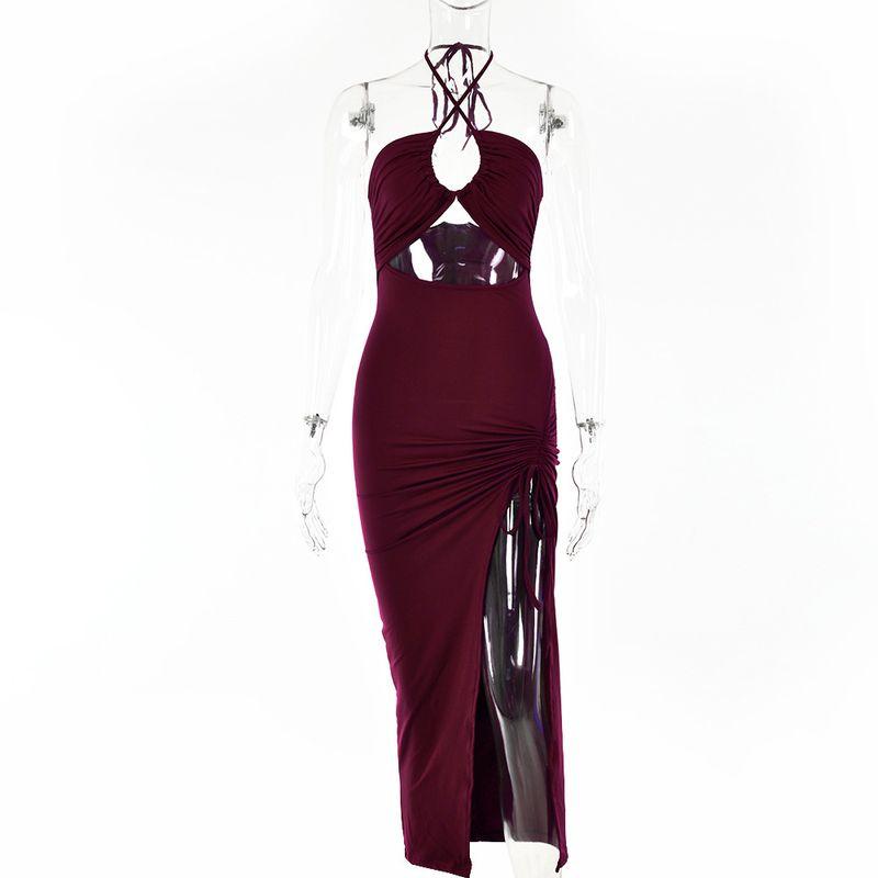 

Fashion Wind Sexy Cutout Halter Lace-up Fleece Comfortable Split Backless Dress Silm Temperament Long Dress Wine red S