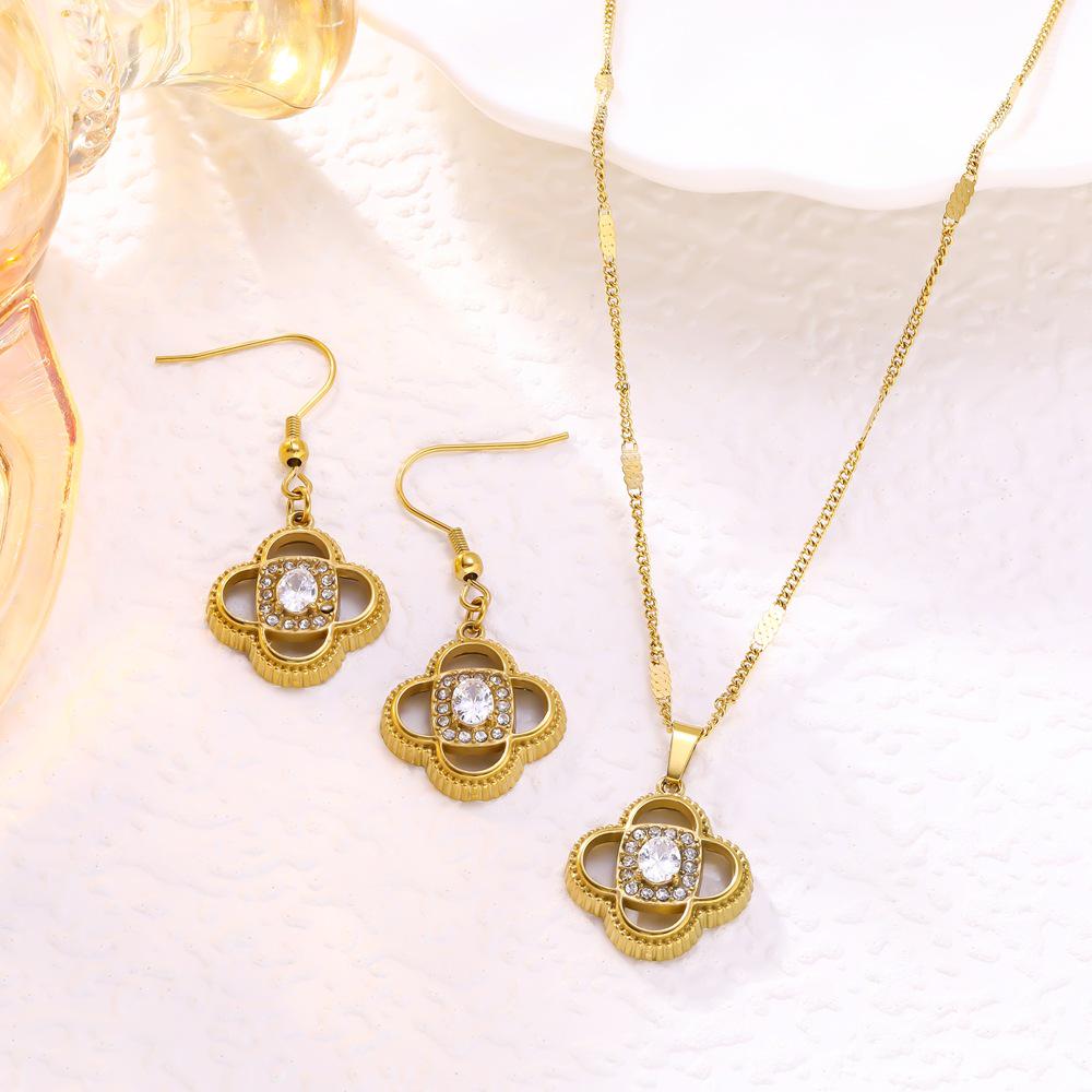 French Luxury Four-Leaf Clover Diamond Necklace & Earrings Set for Women