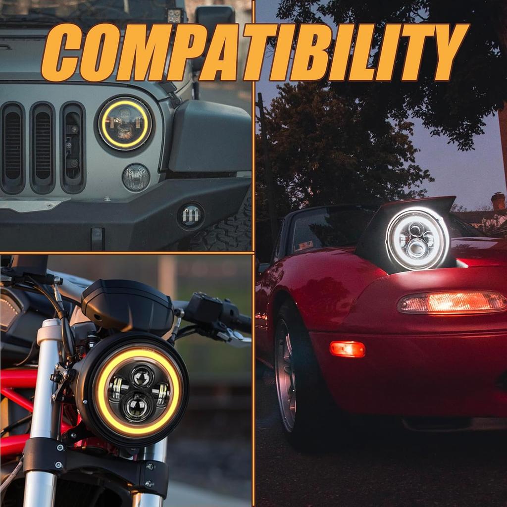 Ultra Brightness 7 Inch LED Headlight Round H6024 Halo Headlight 6500K Cool White Compatible with Motorcycle Jeep Wrangler JK TJ CJ Defender Mustang