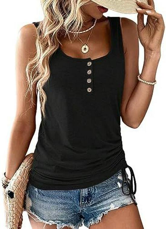 Women's Casual Sleeveless U-Neck Button Drawstring Shirt