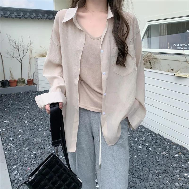 

Thin Sun Protection Shirt Drapey Shirt Women s Thin Spring and Summer Korean Style Loose Long-sleeved Top S коричневий