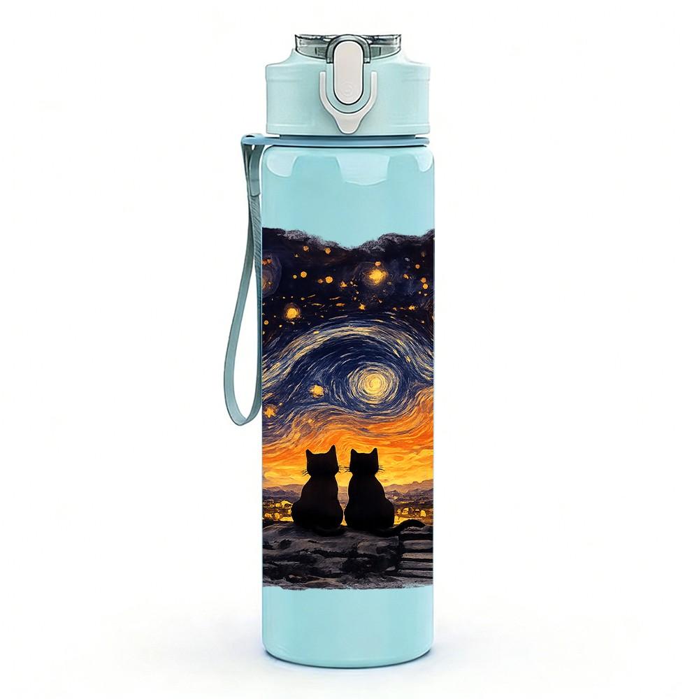 1PC Starry Night Mountain Sky Art Print 750ml Color Plastic Sports Water Bottle Leakproof Flip Straw Lid Suitable for Sports Office Home Use