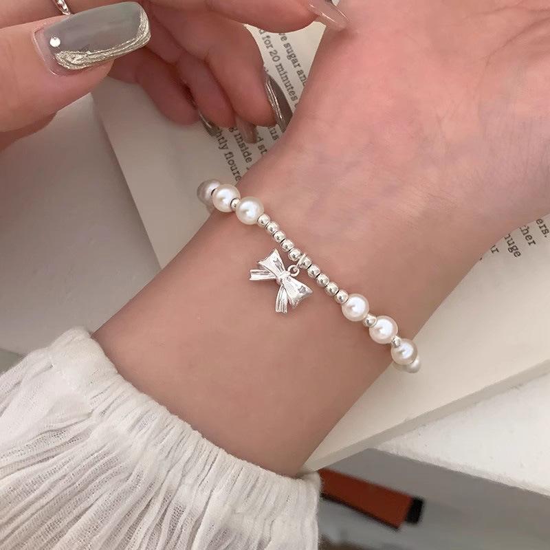 S925 Sterling Silver Bow Imitation Shijia Pearl Fashion Bracelet for Girls In an Ins Style Sweet and Girlish, Simple and Elastic