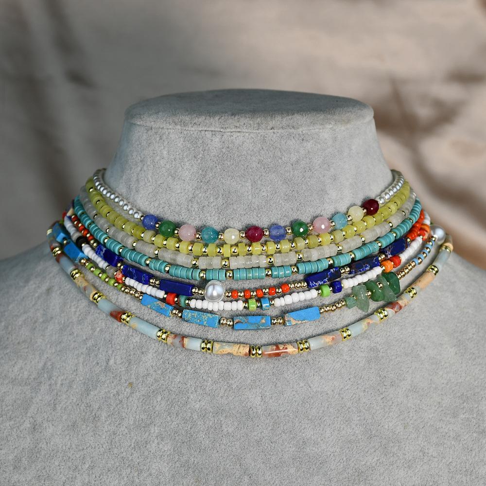 Handmade Beaded Necklace Versatile Women's Colorful Agate Multiple Layered Collar Chains