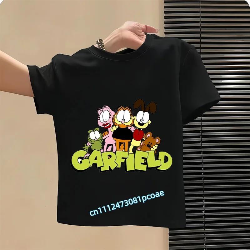 Garfield's new children's pure polyester short-sleeved boys' sports shirt, girls' casual top with cartoon print, summer T-shirt