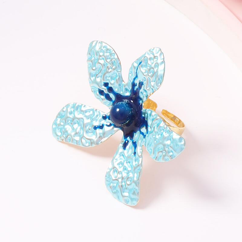 Exaggerated Metal Texture Large Flower Rings for Women Ladies Colorful Drop Oil Adjustable Rings Vacation Jewelry Accessories