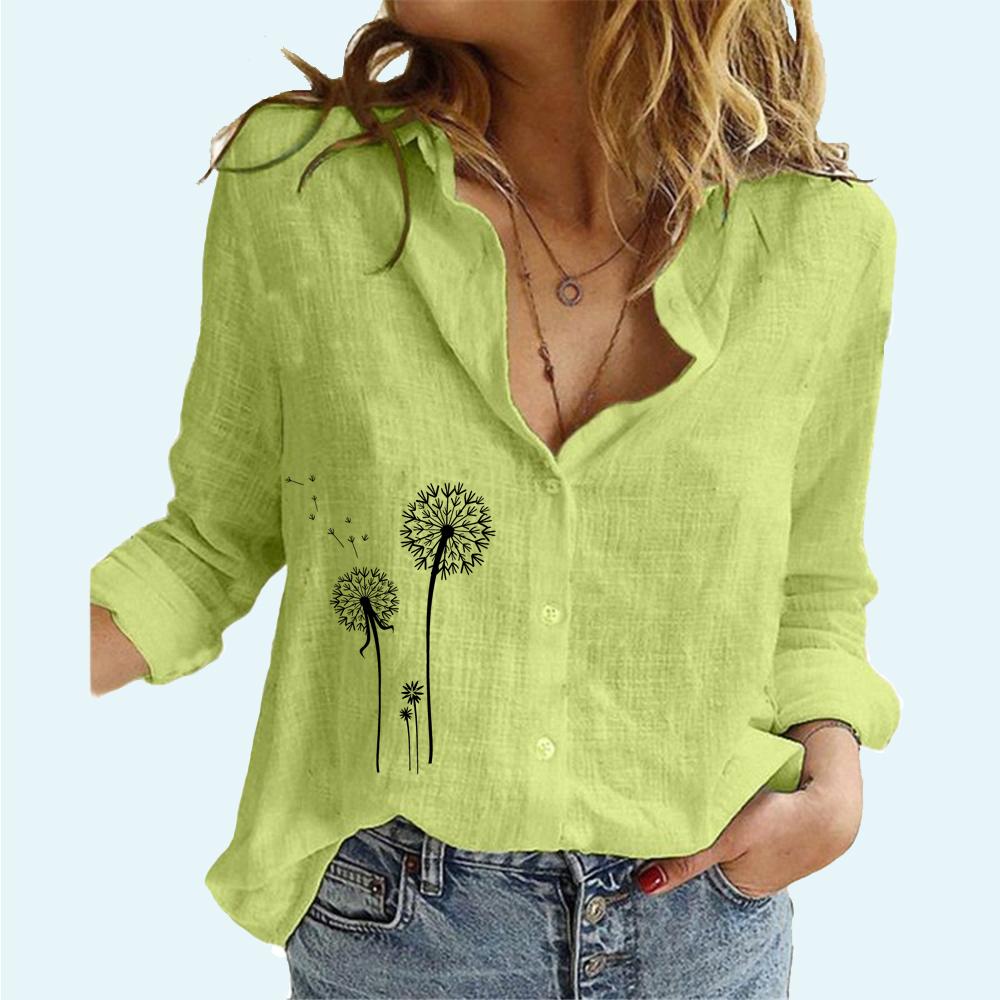 Women Fashion Floral Printed Blouses Female Lapel Neck Cotton Linen Top Casual Loose Buttoned Long Sleeve T-shirt