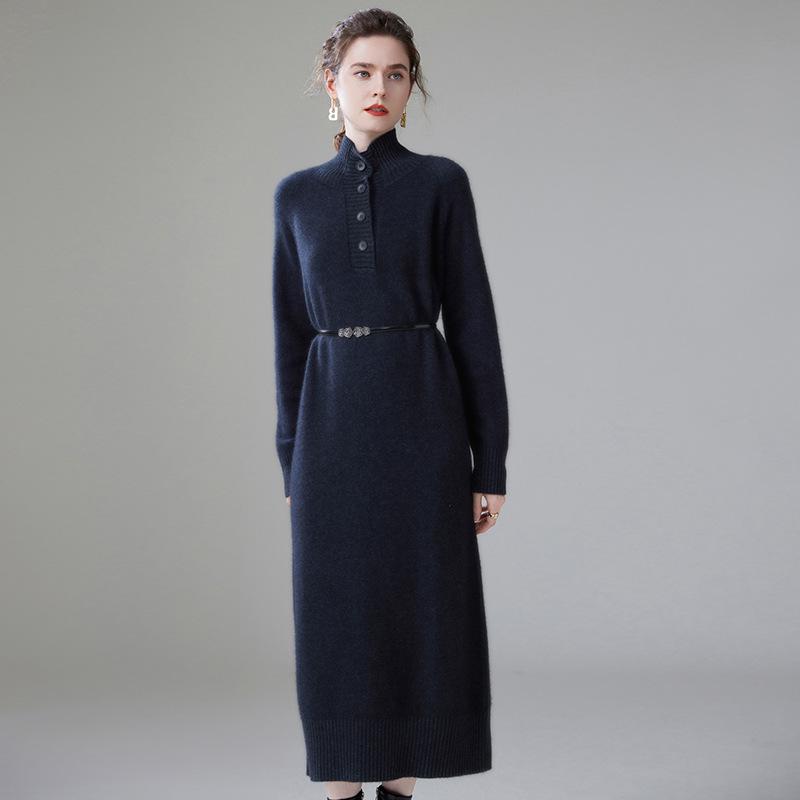 Women's High-Neck Cashmere Knit Dress - Button-Up, Knee-Length, Thick for Autumn/Winter