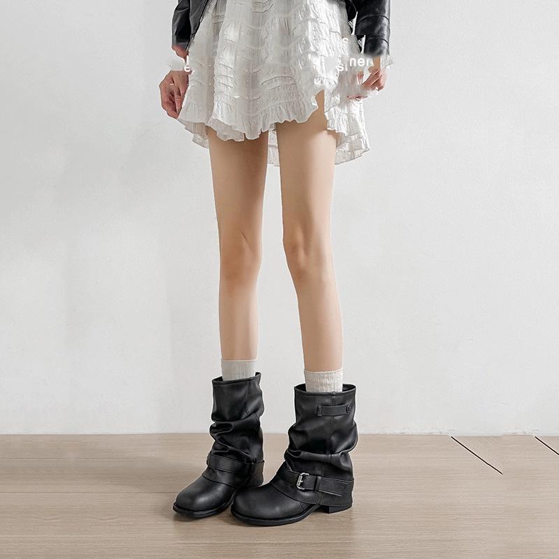Spot second hair new round head thick heel ancient western cowboy short boots pleated trousers inner heightening pile boots women's summer