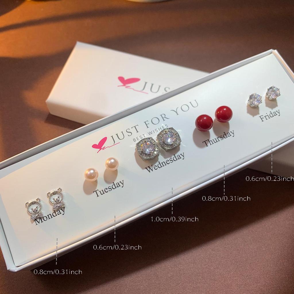 Weekly Earring Set: Flower Zircon Studs, Simple Ear Cuffs, Pearl Tassel French Earrings - 5 Pairs