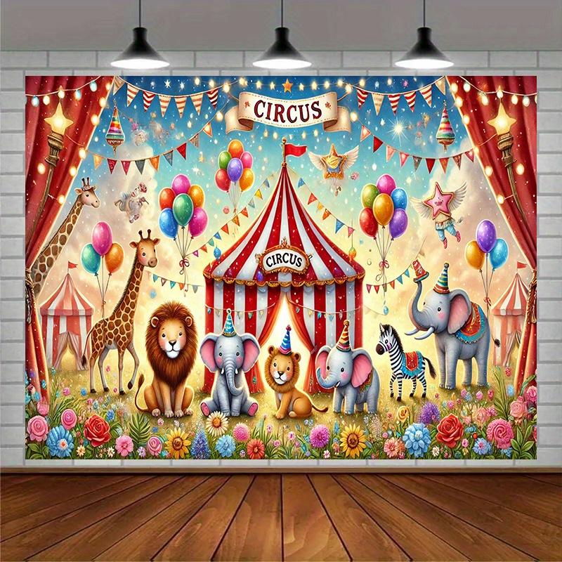 1pc Circus Animal Background - Vibrant Cartoon Circus Theme, Featuring Colorful Balloons, Flowers and Animals