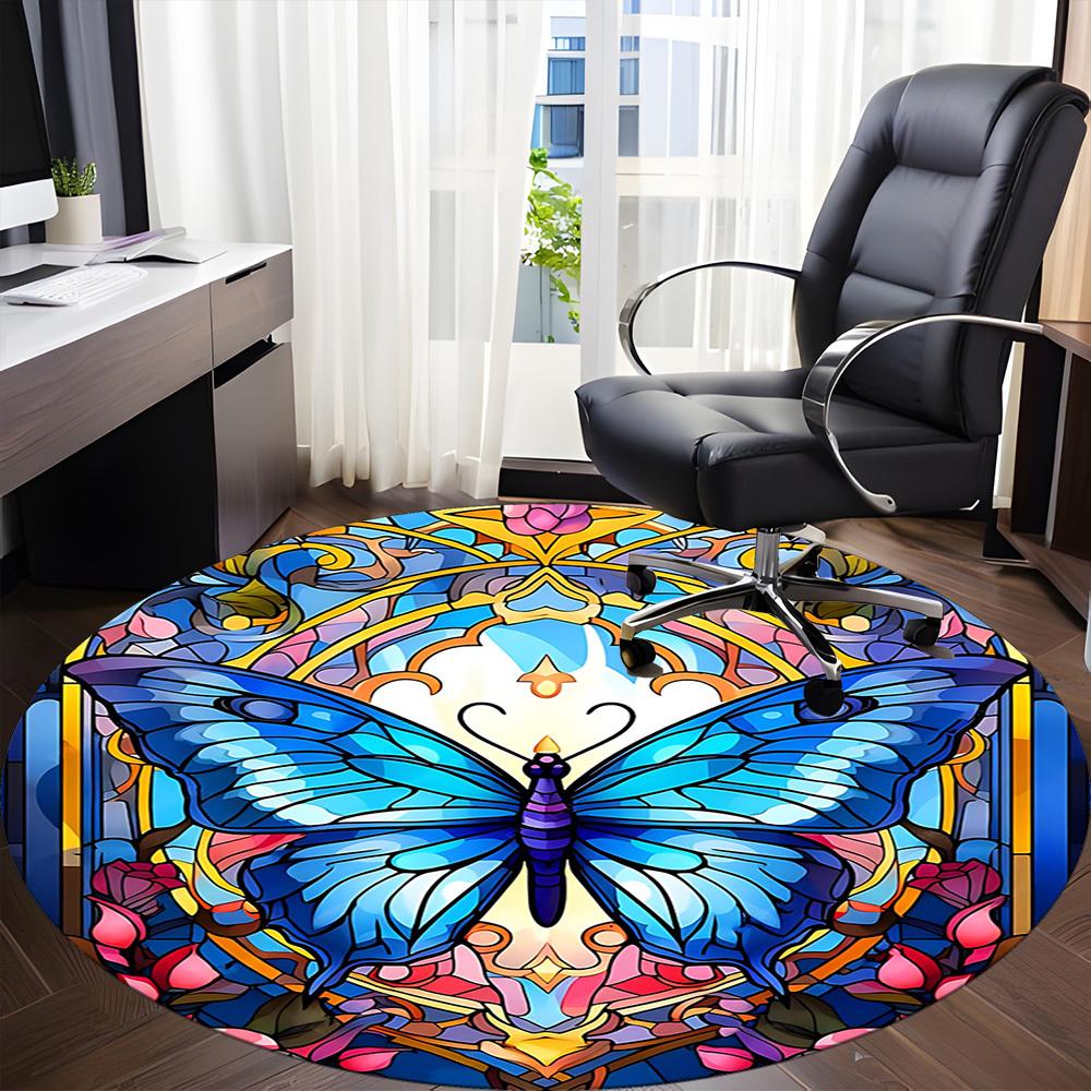 1pc Butterfly StainedGlass Office Round Area Rug, Under Office Chairs Bedroom Living Room Home Decor, Room Deco