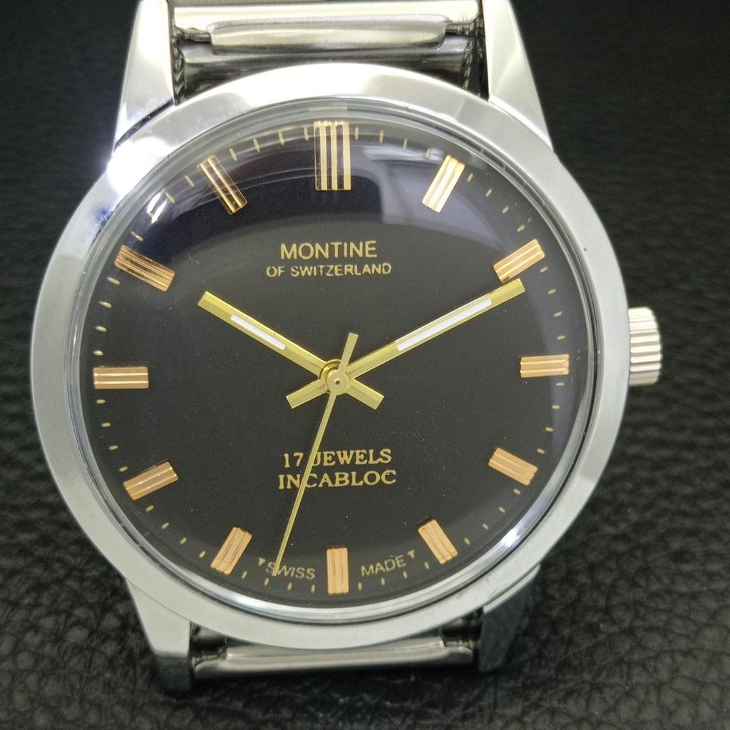 SZWAJCARSKI VINTAGE MONTINE RĘCZNY MĘSKI ODNOWIONY ZEGAREK CZARNA TARCZA a441069-1