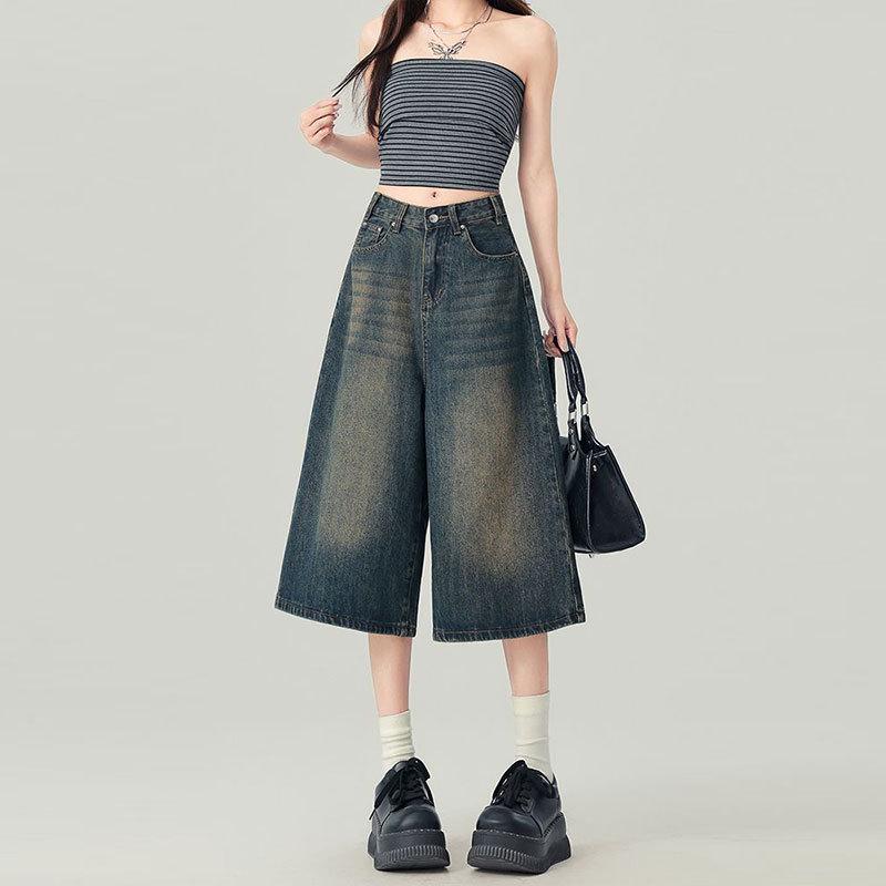 Plus Size Retro Blue Denim Wide-Leg Cropped Shorts for Women XS