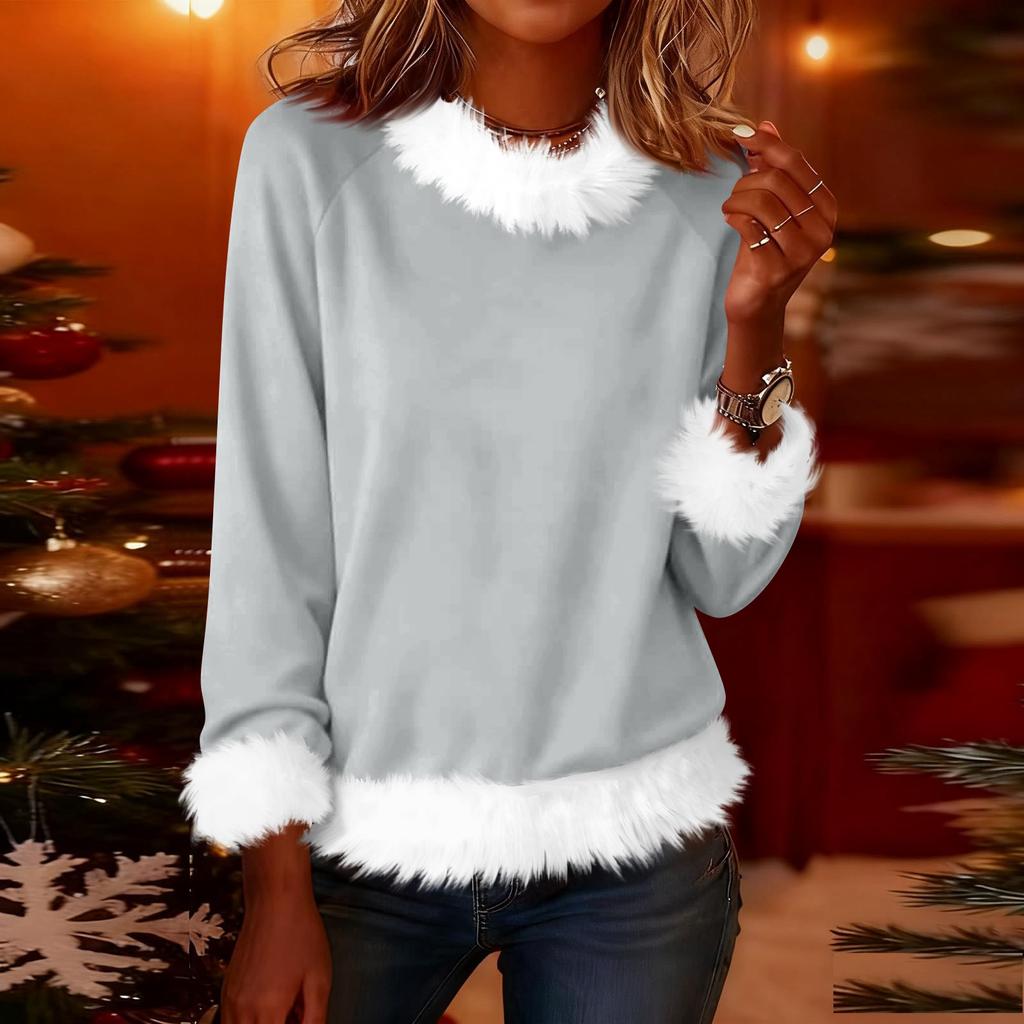 Women's Fashionable Solid Color Plush Round Neck Long Sleeved Casual Pullover T-shirt Top