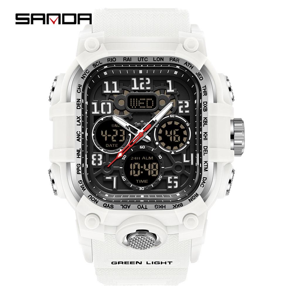 SANDA Men's Outdoor Sport Wristwatch Big Dial Dual Display Luminous Waterproof TPU Band Chronograph Calendar Male Watch