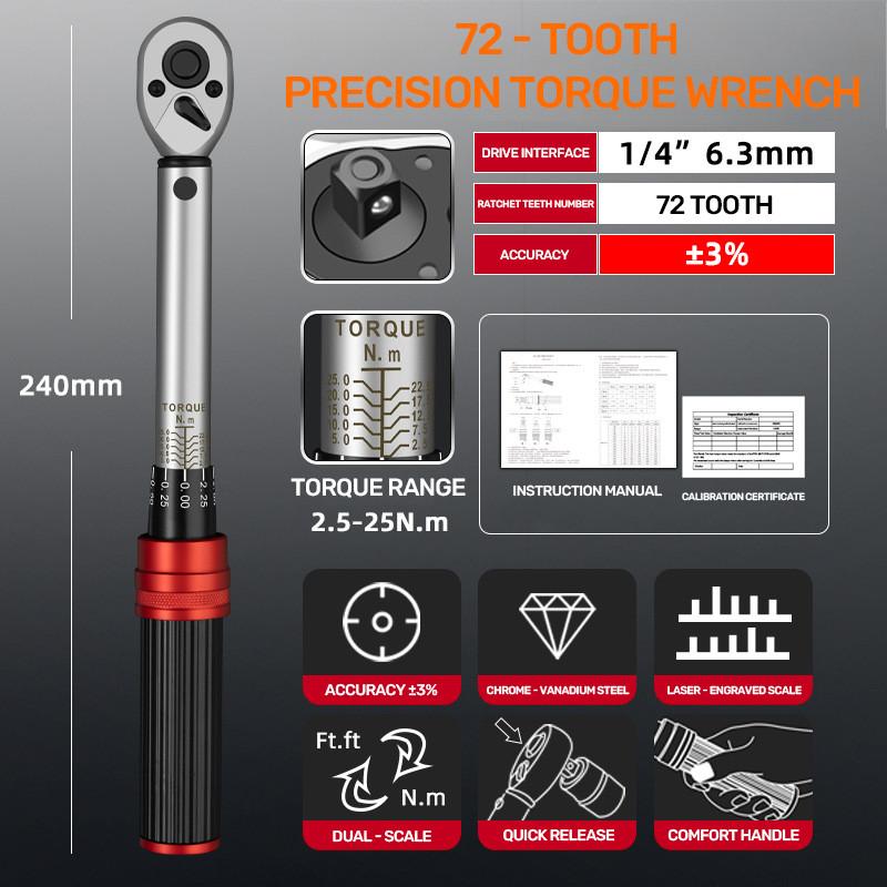 

/4 3/8 1/2 Upgraded Torque Wrench 1Industrial Dual-Direction Adjustable 72-Tooth Ratchet Handle Drive Click Torque Wrench 1/4" 2.5-25N.M