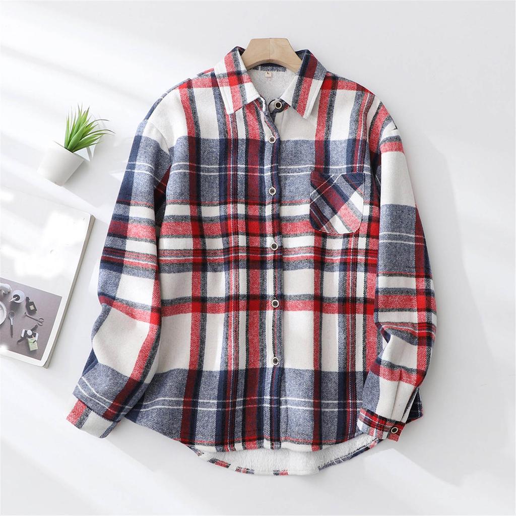 Women's Casual Plaid Padded Warm Long Sleeve Shirt Top Jacket