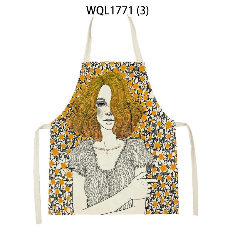 Cartoon Modern Girl Plants Printed Kitchen Apron Men Women Abstract Characters Cooking Aprons Waist Bib Cleaning Pinafores