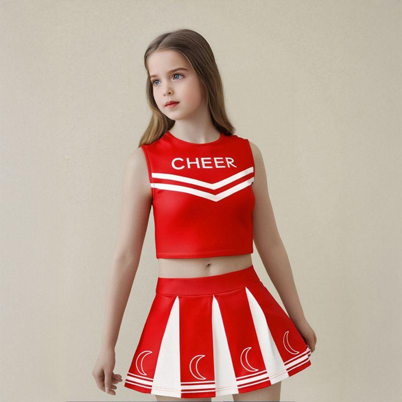 4-12 Years Kids Girls Cheerleader Costume Set Sleeveless Top Skirt Pompoms and Socks