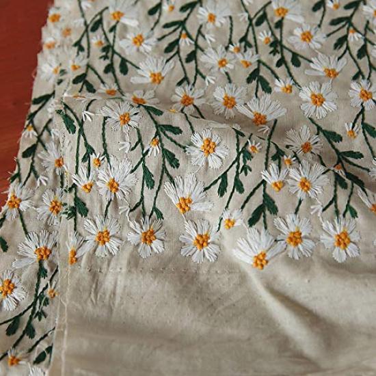 IRIZ Premium Daisy Embroidered Cotton-Linen Fabric 140 cm Width × 95 cm Pre-Cut (Floral / Embroidered)