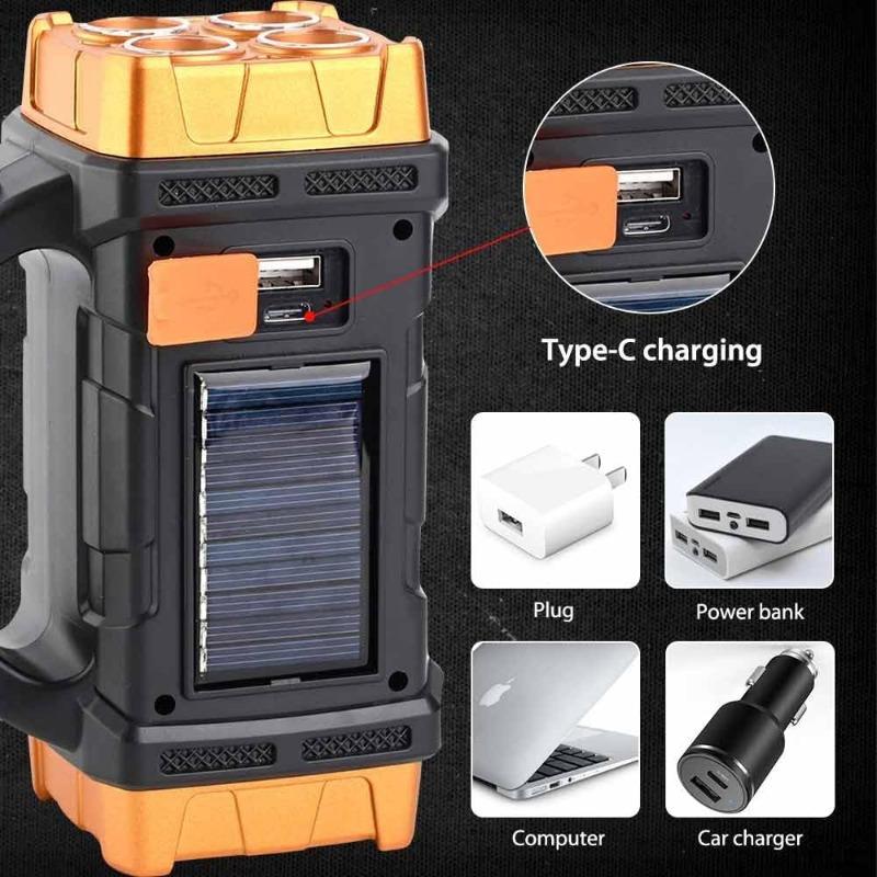 High Power Led Flashlights Camping Torch Work Light Solar Charge 4 Gear USB Rechargeable Light Waterproof Light for Outdoor