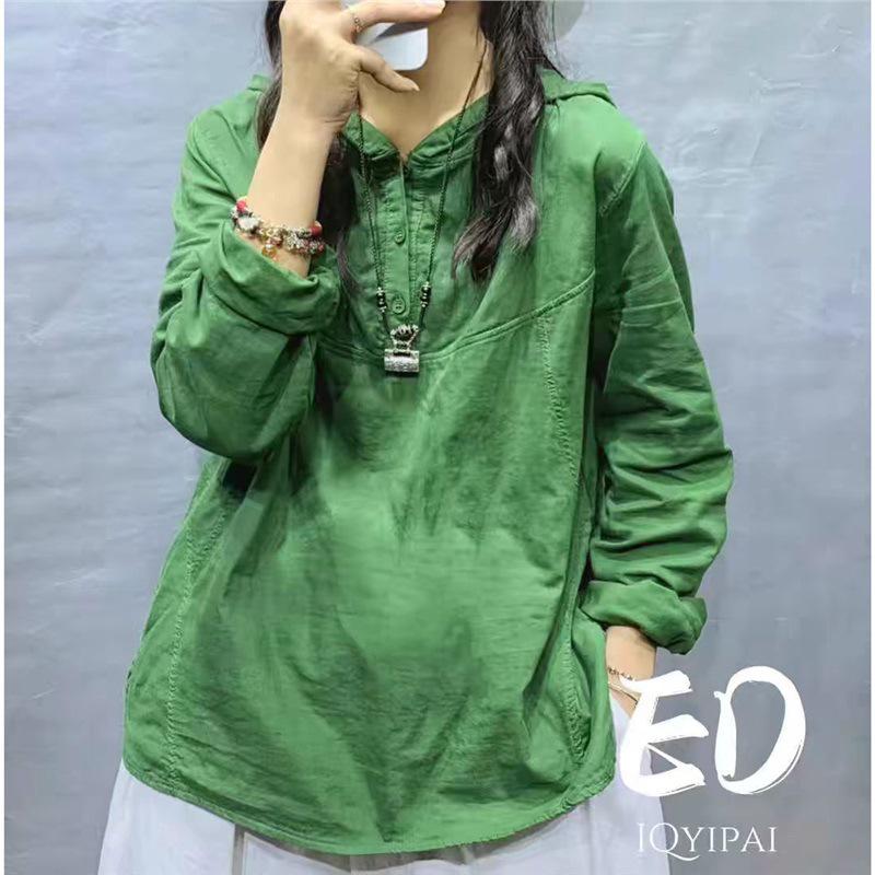 

Solid Color Double Yarn Cotton Knit Hoodie: Women s Slim-Fit Long Sleeve T-shirt for Spring and Autumn One Size зелёный