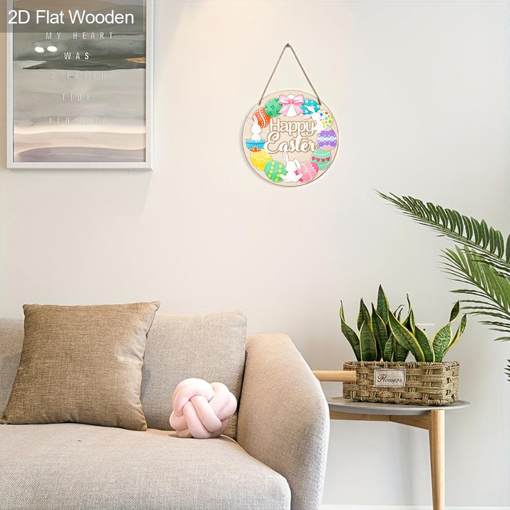 Happy Easter Bunny & Egg Wreath Wooden Sign, Round Front Door Decor, Colorful Spring Wall Hanging - Ideal Easter Gift