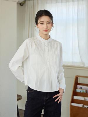 Pleated Stand Collar Long Sleeve Women's Casual White Shirt - Versatile Slimming Loose Fit for Spring and Autumn 2026